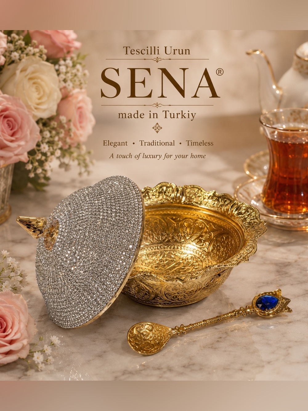 SENA Turkish Brass Sugar/Candy Bowl with Crystal Lid & Matching Spoon